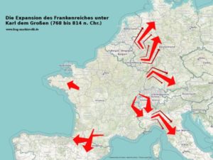 Karte von den militärischen Expeditionen von Karl dem Großen und der Expansion des Frankenreiches.