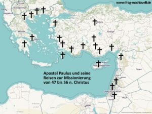 Karte der Orte an denen der Apostel Paulus von 46 bis 57 n. Christus missionierte.