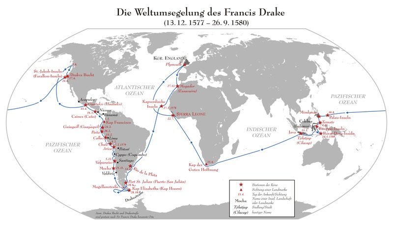 Karte der Weltumsegelung von Francis Drake